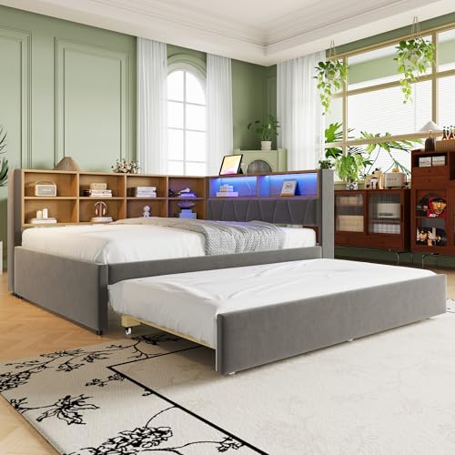 Sofá cama 140*200, cama nido 90*190, equipado con iluminación ambiental, enchufes y varios compartimentos de almacenamiento, cama tapizada, sofá cama multifuncional, cama individual, franela, gris