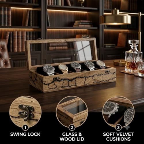 Image of Wooden Watch Box Organizer for Men - 5 Slot Watch Display Case with Glass Lid, Rustic Live Edge Wood Storage Box, Locking Clasp, Holds Watches