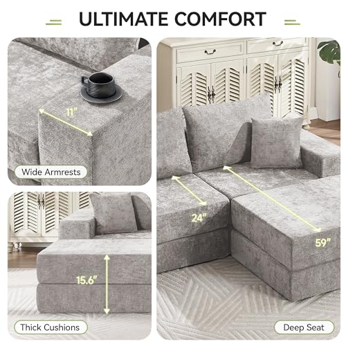 Image of 79 inch Boneless Loveseat Sofa Couch, Modular Foldable Floor Cloud Sofa with Ottoman, Lounge Convertible Sofa Bed for Living Room, No Assembly, Chenille Light Grey
