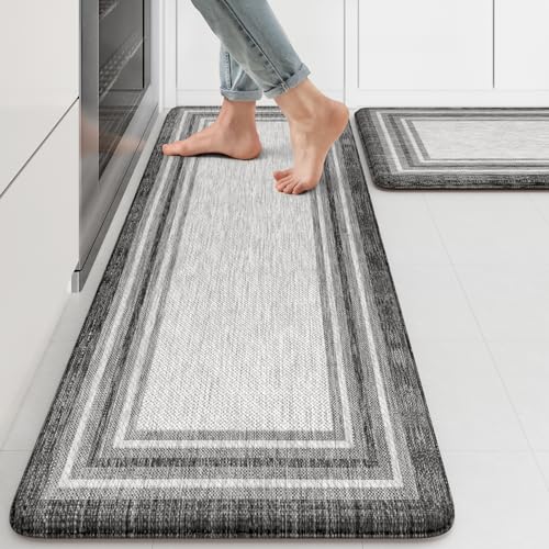 KIMODE Anti Fatigue Kitchen Mats for Floor 2 PCS, Farmhouse Kitchen Rug Non Slip Rubber Backing, Waterproof Cushioned Kitchen Runner Rug for Office, Laundry, Sink, Desk, Grey