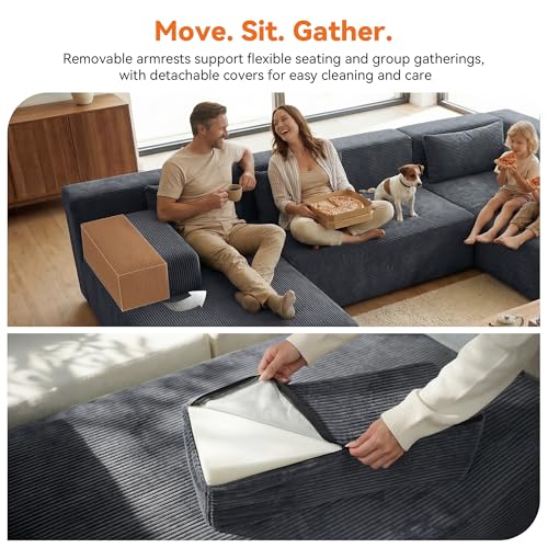 Image of MONVANE 141 inch U Shaped Cloud Sectional Couch with Chaise Lounge, Modular Sectional Sofa with Removable Armrests, Comfy Corduroy Boneless Couches for Living Room, No Assembly Required, Grey