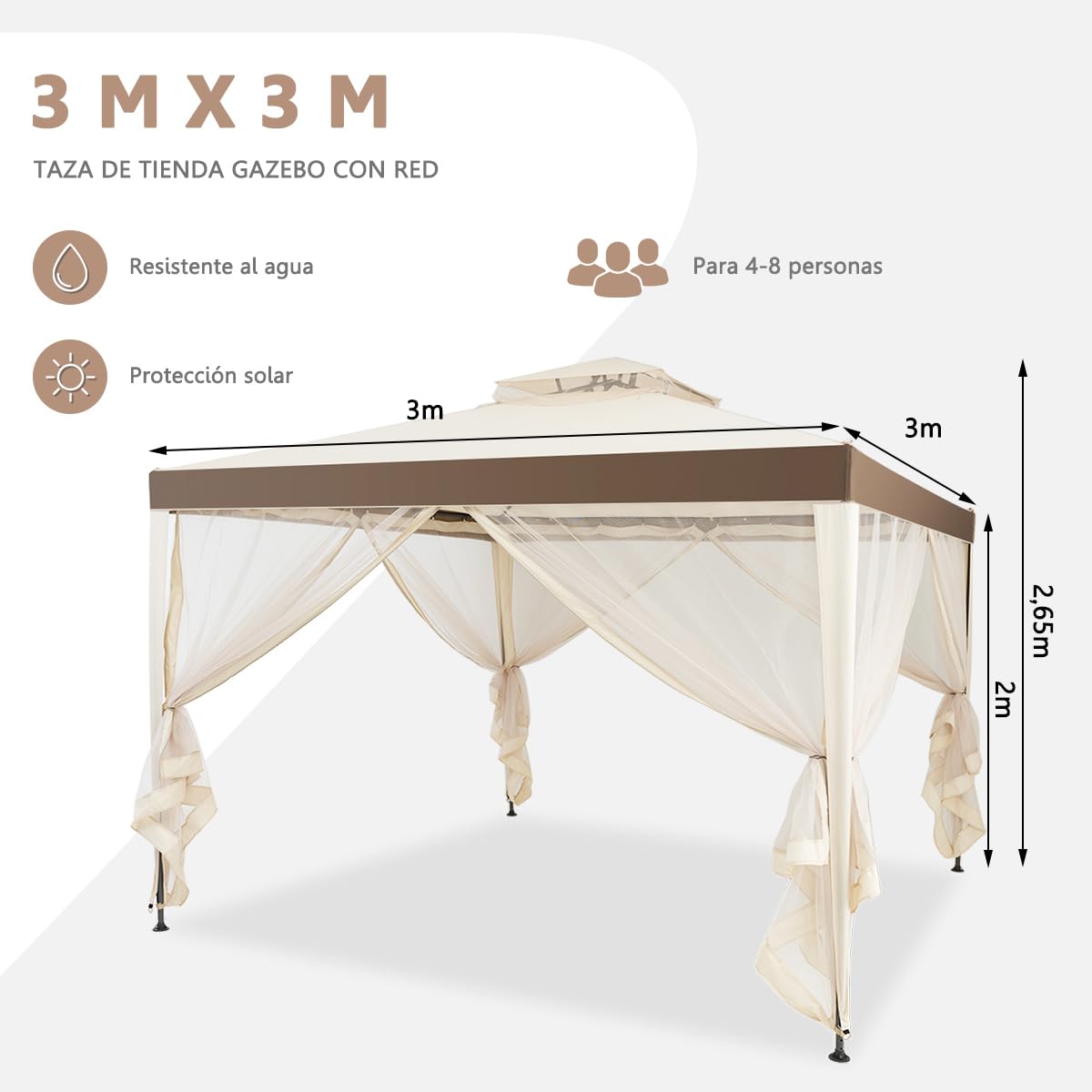 RELAX4LIFE Carpa 3x3m con Mosquitera, Tela Impermeable, Doble Techo, UPF 50+, Cortinas de Malla Extraíbles con Cremallera, Pergola de Jardín con Estacas de Tierra para Patio y Terraza (Beige)