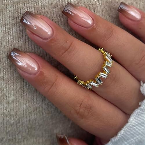 24pcs Medium Square Fake Nails, Brown Gradient Press on Nails wit...