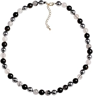 Jewever Natural Gemstone Chokers Necklaces for Women Men Crystal Beaded Necklaces Crystals and Healing Stones Triple Protection (Black Obsidian/Terahertz/Black Rutilated Quartz), Stone, Obsidian