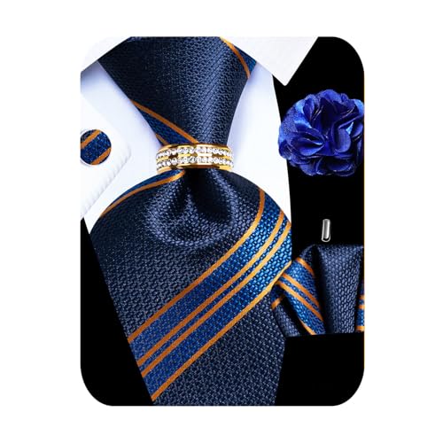 Image of 5PCS Mens Premium Silk Tie, Pocket Square, Cufflinks, Drilled Tie Ring and Lapel Pin Set for Wedding Groom Party