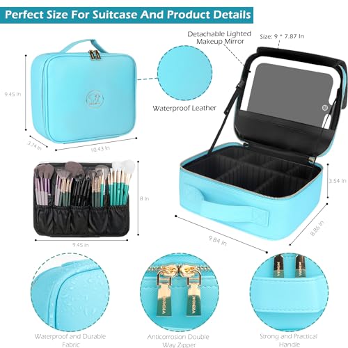 Image of MOMIRA Travel Makeup Bag Cosmetic Bag with Lighted Mirror, Adjustable Brightness in 3 Color Scenarios, Waterproof, 10x Magnifying Mirror, Rotatable Independent Light Mirror- Diamond Blue(Solid)