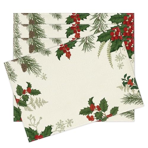 4er Set Platzset Weihnachten 30x45cm Weihnachtsbeeren Tischsets Leinen...