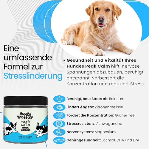 Dogs Valley Vitamine für Hunde Peak Calm - 90Stk Hundeleckerlis – Natürliches Entspannungsleckerli mit Baldrian, L-Theanin, L-Tryptophan, Ashwagandha - zur Stress & Angstlinderung, Lebergeschmack