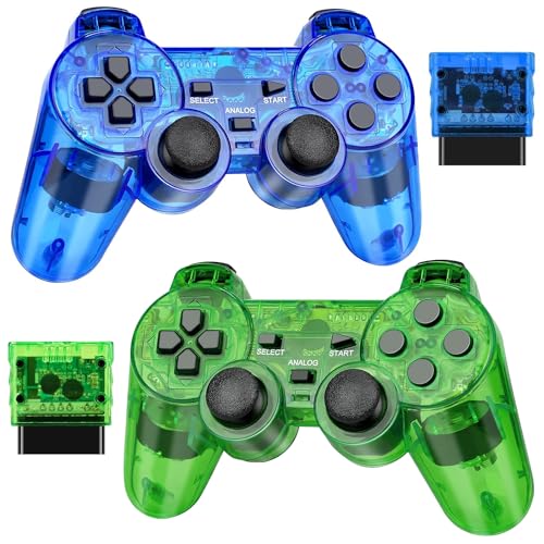 Wireless Controller for PS2, 2 Pack 2.4G Dual Vibration Gamepad Joystick Compatible for Play station 2, Ps-2 Game Remote with Wireless Receivers（Clear Green and Clear Blue）