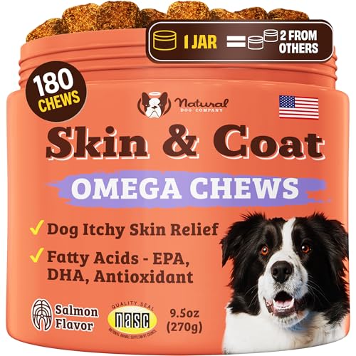 Natural Dog Company Skin & Coat Supplement for Dogs, Omega-3 Rich Salmon Oil Chews for Healthy Skin, Normal Shedding & Coat Support, with Biotin & Vitamin E, Grain-Free (180 Count)