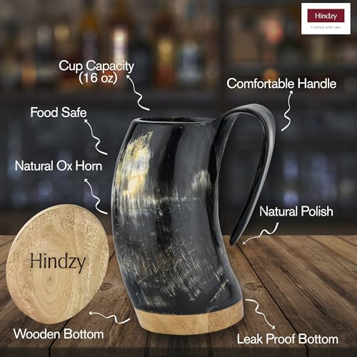 Cuerno de bebida vikingo artesanal 16oz con base de madera miniatura 4