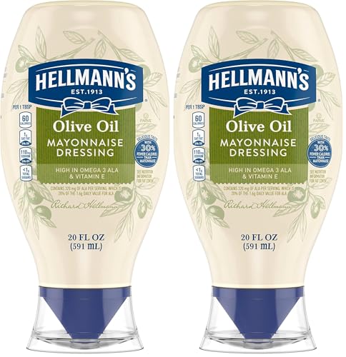 Hellmann's Mayonnaise Dressing with Olive Oil Squeeze Bottle Condiment for Simple Meals and Sandwiches Rich in Omega-3 ALA 20 oz (Pack of 2)
