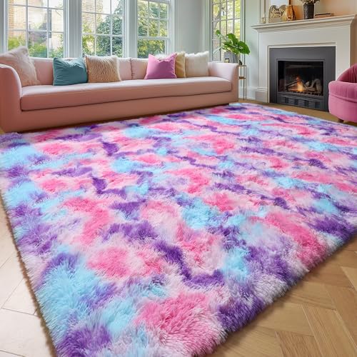 Amdrebio Hot Pink Rainbow Area Rug for Girls Bedroom 8x10, Large Fluffy Cute Fuzzy Colorful Pastel Kids Rugs for Nursery Playroom Classroom, Big Shag Princess Carpet for Baby Toddler Teen, Home Decor
