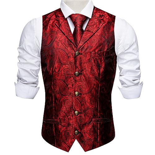 Set Of 5 Classic Red Men's Wedding Suit Vest Paisley Jacquard Floral Silk Vest Tie Luxury Brooch Waistcoat Set Groom2