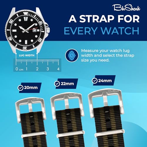 Image of BluShark - Original Collection Military-Style Waterproof Watch Strap, Fits All Timepiece Brands, Durable Nylon Wristwatch Accessories with Stainless Steel Buckle - 18mm, 20mm, 22mm & 24mm Watch Bands