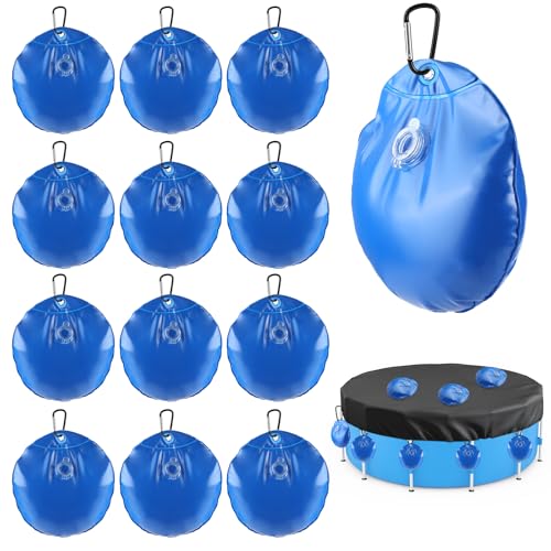 12 Pack Pool Cover Weights with Hooks PVC Pool Water Bags for Winter Above Ground Pool Cover Water Weight Bag for Tarp and Pool Tarp Weights Blue (10.9 x 8.9 Inches)