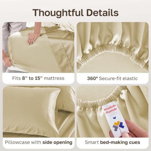 Image of California Design Den Twin Bed Sheets Set - 500 Thread Count Sateen, 100% Cotton, Almond Twin Sheet Set, Deep Pocket Bedding with All Around Elastic for a Snug Fit - Butter Almond