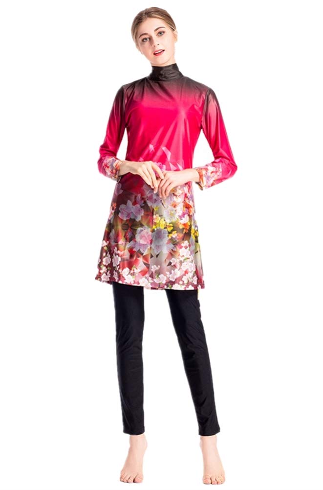 Women Muslim Swimwear Islamic Long Sleeve Burkini Floral Full Cover Hijab Modest Swimsuit (N1, Int’l XL)