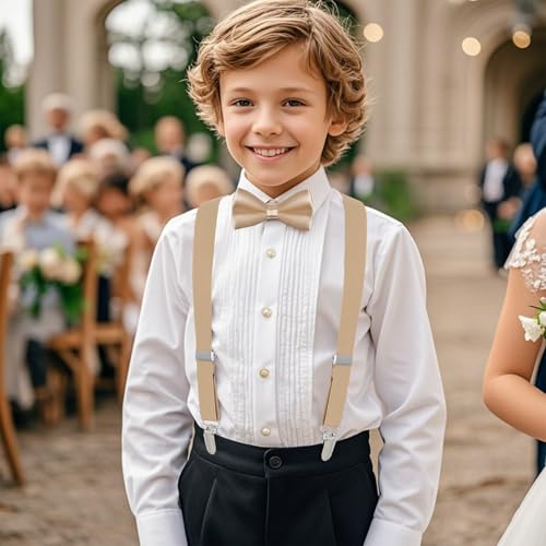 Hosenträger mit Fliege Set für Kinder Jungen Mädchen Körpergröße ca 1-8 Jahre Geburtstagsfeier Party Tägliches Tragen Kostüm Zubehör (beige)