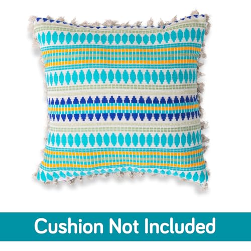 Image of HOKIPO 'Artisan Boho Series' 450 GSM Cushion Cover with Tassels | Cotton Acrylic Jacquard | 16x16 Inch (40x40 cm) | Pack of 2, Aqua Blue (IN-905-A4*2)