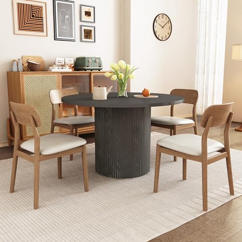 Image of weselon Round Dining Table for 4, Modern Farmhouse Kitchen Table, 47 Inch Small Circle Dining Tables with Wood Strip Base for Kitchen Living Room (Black)