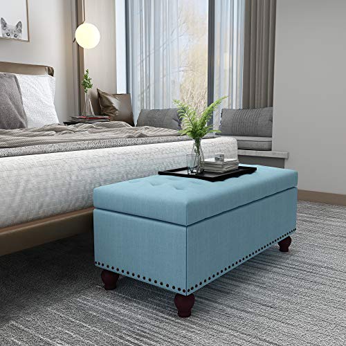Asense Fabric Rectangle Tufted Lift Top Storage Ottoman Bench, Footstool with Solid Wood Legs, Nail-Head Trim