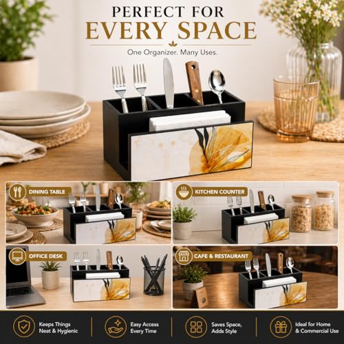 Image of Wooden Cutlery Holder I Countertop Organizer - Spoon Fork Knife Napkin Tissue Paper I Desk Supplies Pencil Pen Stationery Stand I Home & Kitchen I Size 7X 5 X 4, Autumn Black