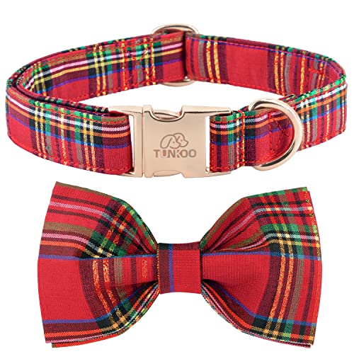 Image of Dog Collar Floral with Elegant Bow Tie Soft Comfy Cotton Adjustable Collar , Premium Metal Buckle for Puppy and Cat Small Medium Large（Red Plaid，L）