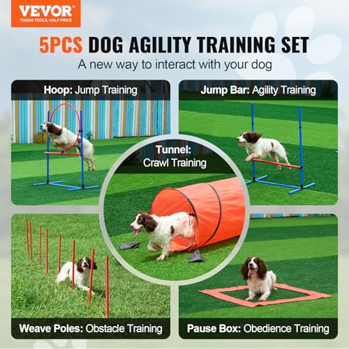 VEVOR Hunde-Agility-Trainingsausrüstung, 5-teiliges Kombinationsset mit verstellbaren hohen Hürden, 6 Slalomstangen, Tunnel, Sprungring, Pausenbox, Pfeife, faltbarer Schüssel, Welpen-Hindernisparcours