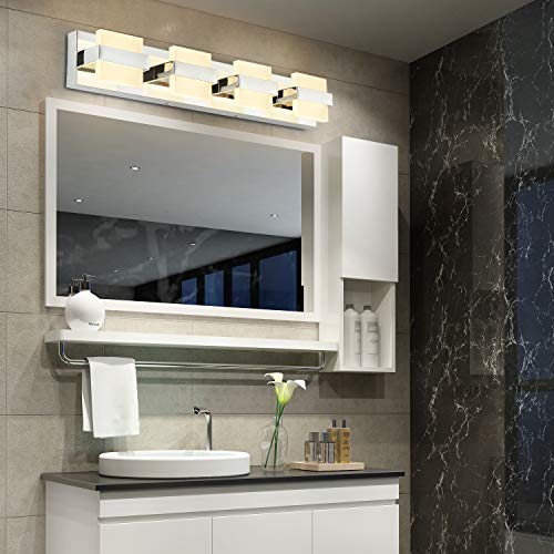 Image of SOLFART 4 Lights Chrome Bathroom Lights Modern LED Vanity Lights Fixtures Over Mirror Bathroom Light Fixtures 27 inch Warm Light Non Dimmable