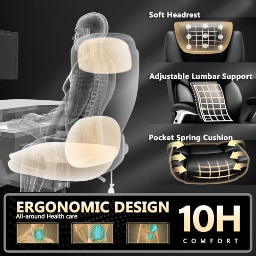Image of Indulgear Big and Tall Office Chair,500lbs Capacity Heavy Duty Office Chair for Heavy People, High Back Executive Computer Chair with Adjustable Lumbar Support, Quiet Rubber Wheel (Flip up arm-Black)