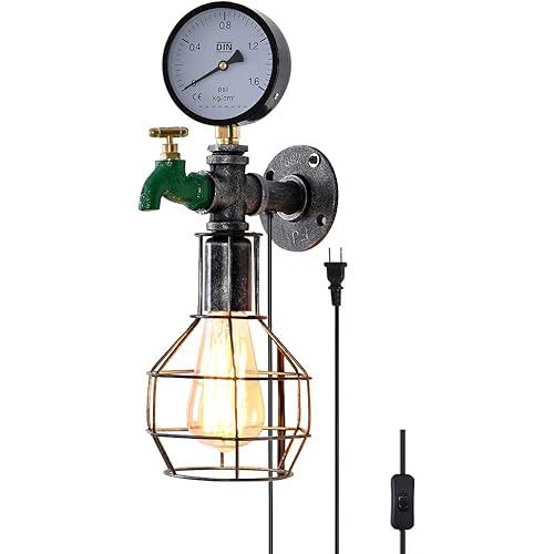 Industrial Plug in Wall Light E26 Base Edison Wire Retro Style Vintage Wall Lights with 5.9Ft Adjustable Plug in Cord Rustic Wall Sconce Fixture for Headboard Bedroom Porch - Grenade