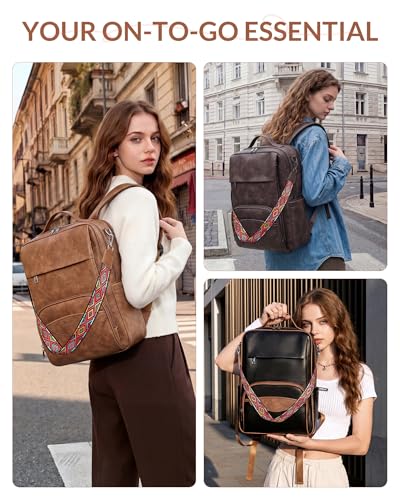 Mochila de cuero para laptop mujer 15.6 pulgadas marrón miniatura 2