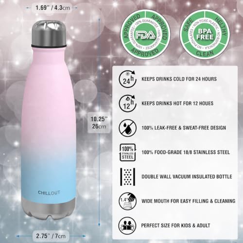Image of CHILLOUT LIFE 17oz Insulated Stainless Steel Water Bottle, Leak Proof