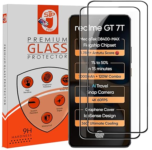Image of Premium HD+ Tempered Glass Screen Protector Guard Compatible For Realme GT 7T 5G (6.8 Inch, Pack of 2) | Edge to Edge Coverage With Easy to installation kit for Smartphone