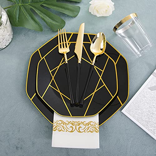 Kire 20 Guests Black Plastic Plates With Gold Rim & Gold Disposable Plastic Silverware With Black Handle&Clear Gold Cups&Hand Napkin- Geometric Black Plastic Dinnerware For Wedding &Parties #TOP3