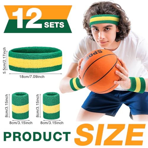 Image of Eurzom 36 Pcs Neon Sports Sweatbands Set Include 12 Striped Sweat Absorbing Headbands 24 Wristbands Athletic for Men Women Basketball Tennis Running Glow Party