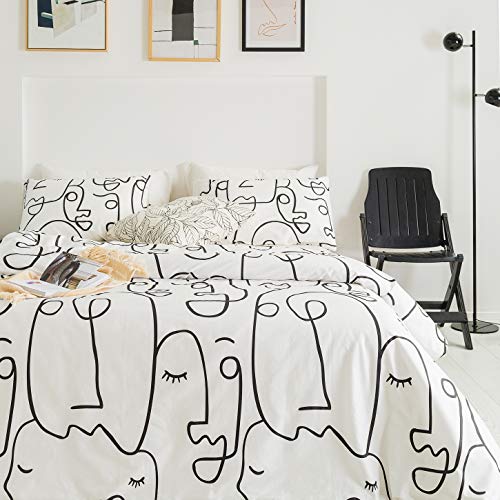 Yuheguoji YHGJ2020617K418Z Geometric Duvet Cover Queen 100% Cotton White Black Abstract Face Duvet Cover 3 Pieces Set 1 Modern Drawing Lines Print Duvet Cover thumb #1