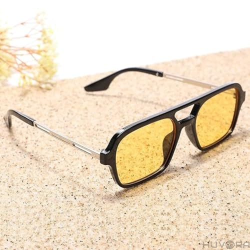 Image of Retro Flat Square 70's Aviator Double Bridge Metal Sunglasses for Men Women | Anti Blue UV Protection Zero Power Stylish Computer Night Driving Glasses | Trendy Branded Goggles