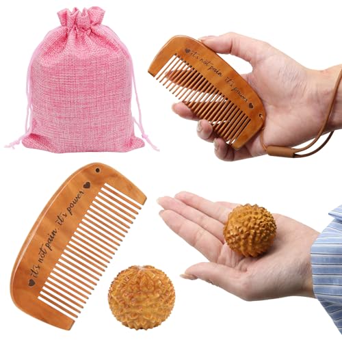 3Pcs Birth Comb Acupressure Massage Ball Set, Natural Wooden Comb & Ball Set for Labor Pain, Back, HIPS - Gift for Pregnant Moms with Storage Bag & Lanyard