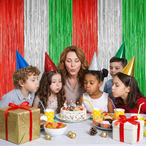Image of 2 Pack Christmas Backdrop, Red Silver Green Party Streamer, Metallic Xmas Backdrop Fringe Curtains Foil Tinsel, Christmas Decorations Wall Decor Streamers Photo Booth Props