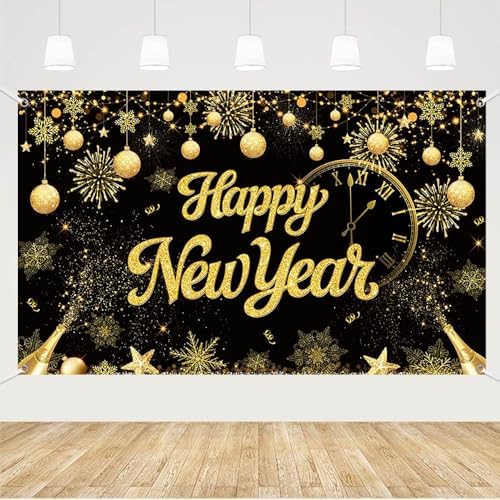Amazon.com : MEHOFOND 6x3.6ft Happy New Year Backdrop, Black and Gold ...