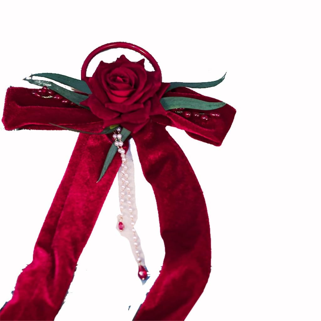 Horquilla con flecos y rosas rojas de novia para un ajuste firme y peinado elegante