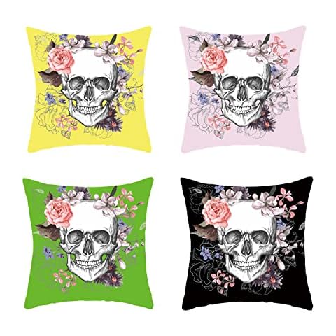 MARAGARBE Set of 4 Skeleton Decorative 18 x 18 Inches Rose Flowers Skull Throw Pillow Covers Without Insert Soft Square Cushion Case Halloween All Saints Day Black Room Décor Cover