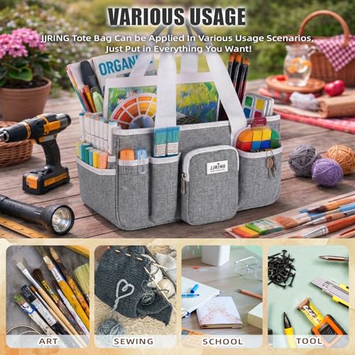 Image of JJRING Craft Organizer Tote Bag, Portable Art Caddy With Adjustable Divider&Secure Zipper Pocket, Large Foldable Storage Tote For Scrapbooking, Sewing, Artist And Home(Grey)