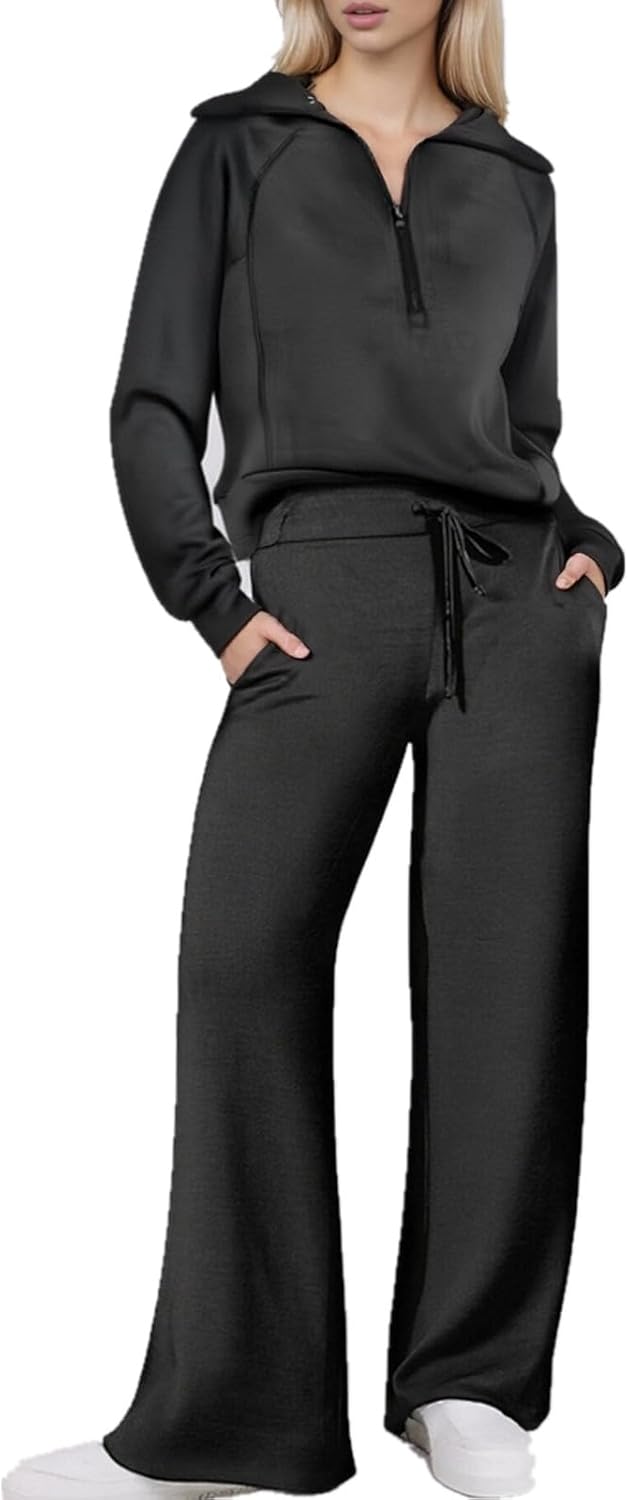 Women's 2 Piece Outfits 2025 Casual Half Zip Wide Leg Pants Tracksuit Sets Lounge Set Travel Vacation Sweatsuits (US, Alpha, Large, Regular, Regular, Black)