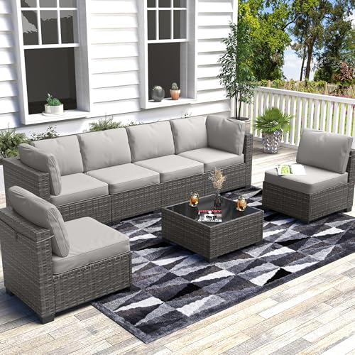 7 Piece Outdoor Patio Furniture Set, PE Rattan Conversation Sofa Set,...