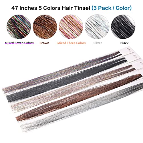 Goabroa Hair Tinsel Kit With Tools, 47 Inches 5 Colors 2550 Strands Heat Resistant Glitter Hair Extensions, Sparkling Shiny Fairy Hair Tinsel (Black, Brown, Silver, Mixed Three Colors, Mixed Seven Colors) #TOP2