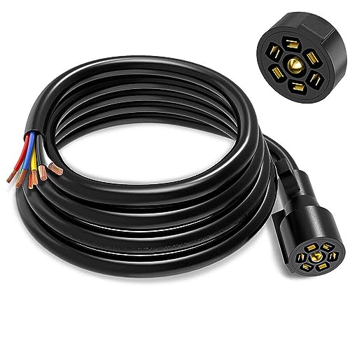 AUTOXBERT 8 Feet 7 Way Trailer Plug Inline Cord Wire Harness Cable Double Prongs Connector for RV Camper Connector Cable Trailer Light Wire (Without Junction Box)