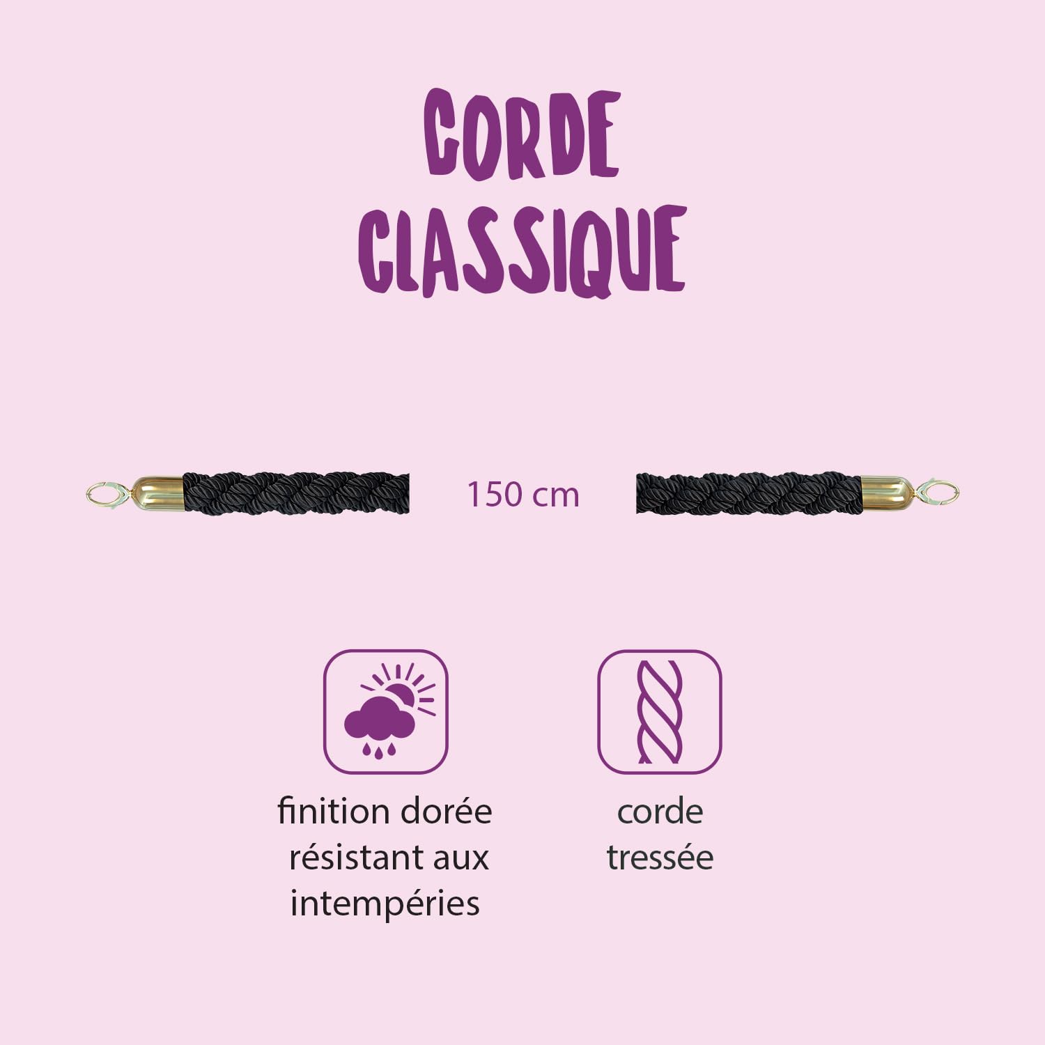SECURIT - Corde Torsadée pour Système de Barrière Classic - avec Embouts Métalliques - pour Bar, Restaurant, Boîte de Nuit, Boutique - L. 152 cm - Finition Dorée - Noire